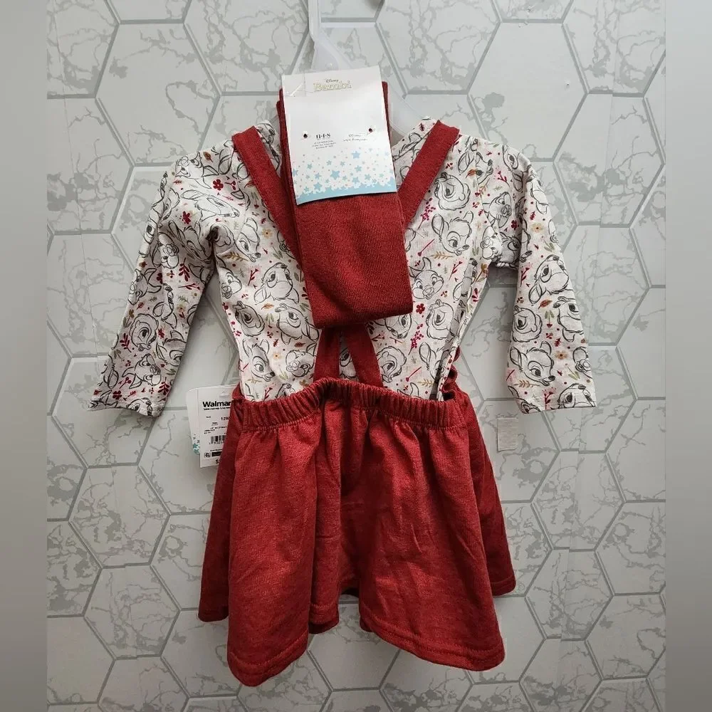 Nwt Disney Bambi Baby Girls Pinafore Dress, Top withLong Sleeves and Tights Set
